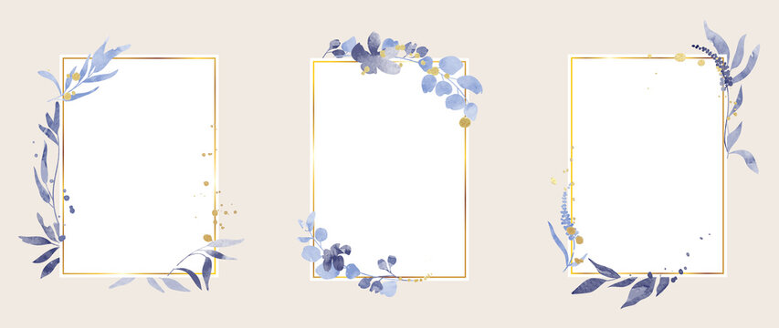 Luxury botanical gold wedding frame elements on white background. Set of  rectangle, glitters, eucalyptus leaves, blue leaf branches. Elegant foliage  design for wedding, card, invitation, greeting. Stock Vector | Adobe Stock
