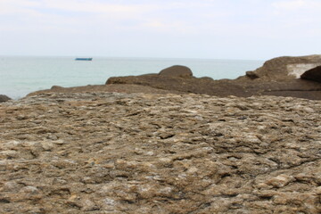 The seashore rocks have a rough and rough surface.