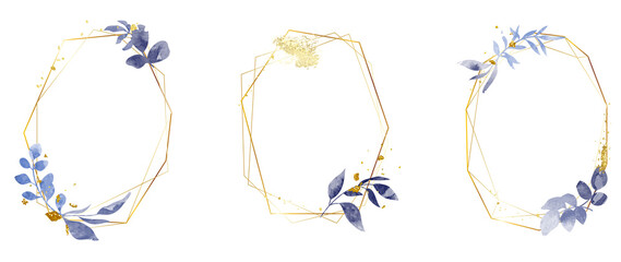 Luxury botanical gold wedding frame elements on white background. Set of polygon, glitters, eucalyptus leaves, blue leaf branches. Elegant foliage design for wedding, card, invitation, greeting.