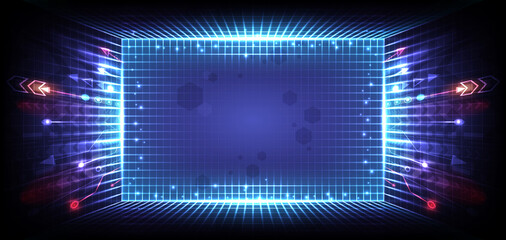 Abstract Hi-tech background. Perspective glowing speed arrow. High internet motivation and connection to communicate of innovation. Circuit lines of data computer. Landing page, grid and algorithm