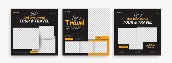 Fototapeta premium Traveling social media post banner template design, Tour travel holiday tourism marketing social media post