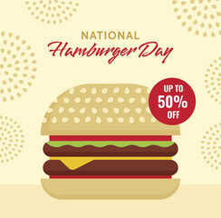 National hamburger day. May 28. Poster, card, banner. Delicious fast food. Vector illustration.