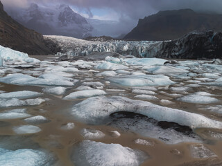 Massive glacier tongue end melt down with icebergs