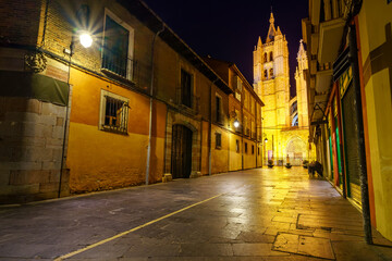 Night photo of a street in Leon with its gothic cathedral illuminated in the background.