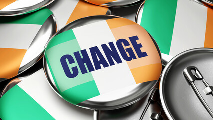 Change in Ireland - national flag of Ireland on dozens of pinback buttons symbolizing upcoming Change in this country. ,3d illustration