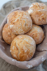 Bread basket, round bread rolls on dark table