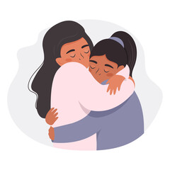 Two women embracing each other, expressing love, affection, and support. Female friend hugs. Flat vector illustration for friendship, strong relations, support concept.
