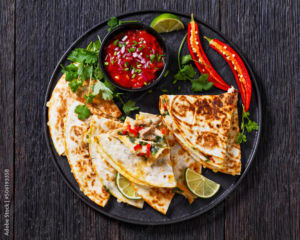 Wall mural quesadilla with chicken, cheese, chilli, greens