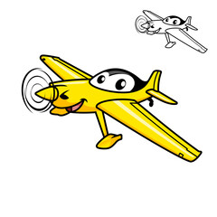 Cute Happy Airplane Flying with Black and White Line Art Drawing