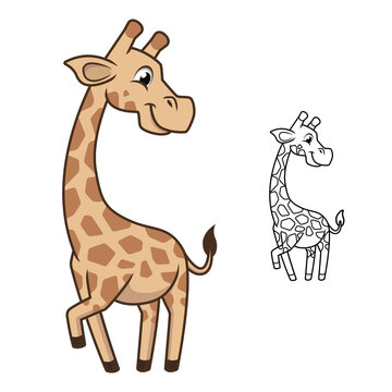 Cute Happy Baby Giraffe with Black and White Line Art Drawing
