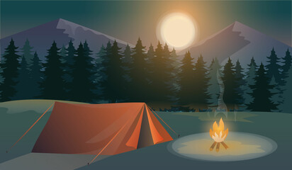 Mountain night camping. Cartoon forest landscape with lake, tent and campfire, sky with moon. Hiking 