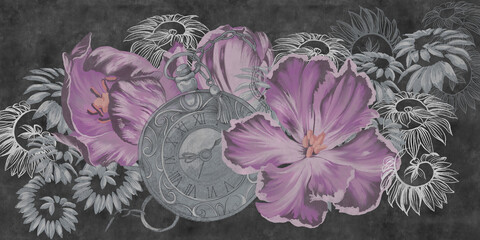 Tulips, macro flowers illustration with old clock. A beautiful background for wallpaper, photo wallpaper, mural, card, poster, postcard, painting.