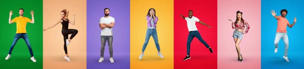 Collection of positive multinational young people posing on studio backgrounds