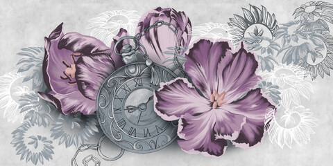 Tulips, macro flowers illustration with old clock. A beautiful background for wallpaper, photo wallpaper, mural, card, poster, postcard, painting.