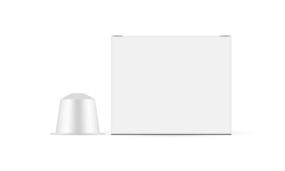 Coffee Capsule With Paper Packaging Box Mockup, Front View, Isolated on White Background. Vector Illustration