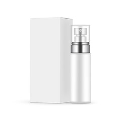 Blank Cosmetic Spray Bottle Mockup With Transparent Cap for Perfume or Serum, Paper Packaging Box, Side View. Vector Illustration