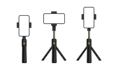 Tripod Stand and Monopod With Smartphone Vertical, Horizontal Screen, Isolated On White Background. Vector Illustration - obrazy, fototapety, plakaty