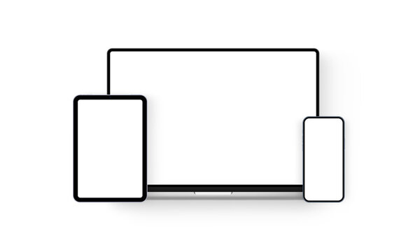 Laptop, Tablet, Smartphone With Blank Screens, Isolated on White Background. Vector Illustration