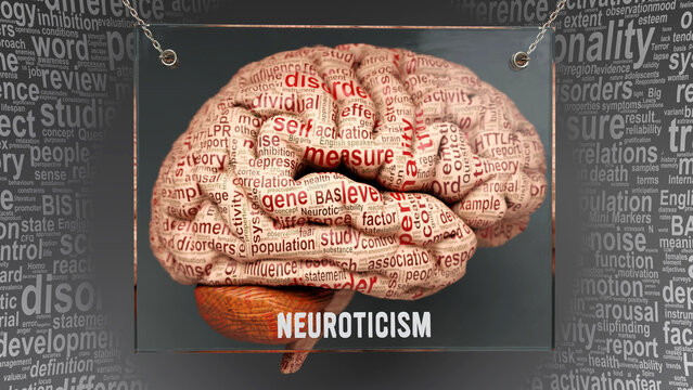 Neuroticism in human brain - dozens of important terms describing Neuroticism properties and features painted over the brain cortex to symbolize Neuroticism connection with the mind.,3d illustration
