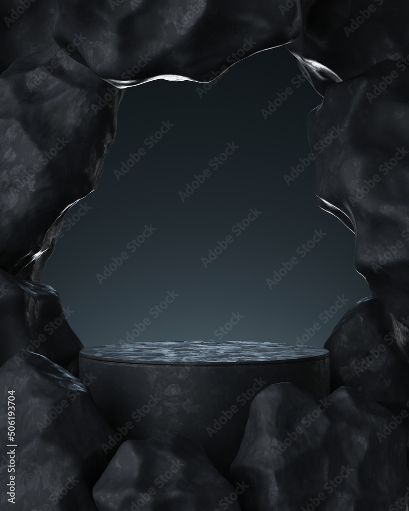 Poster empty black stone product display stage 3d background with frame rock podium stand dark texture plat