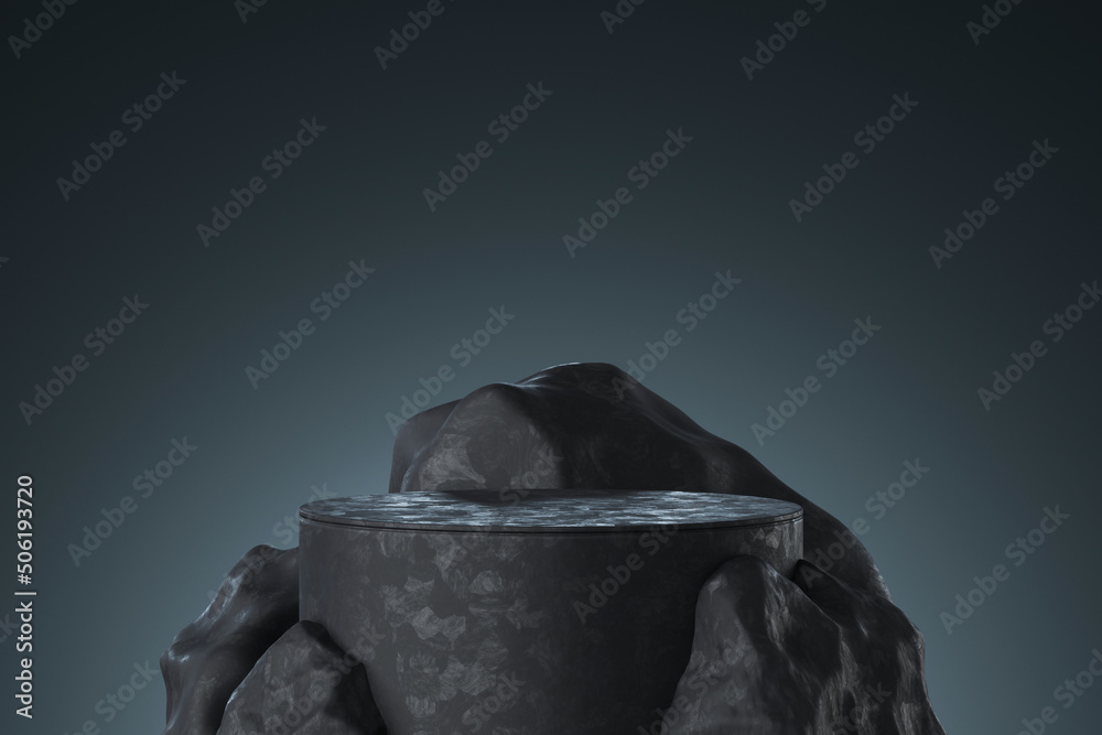 Aufkleber empty black stone product display stage 3d background with rock podium stand dark texture platform p