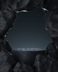 Empty black stone product display stage 3d background with frame rock podium stand dark texture platform presentation template or blank mineral pedestal and luxury marble cosmetic backdrop showcase. - obrazy, fototapety, plakaty