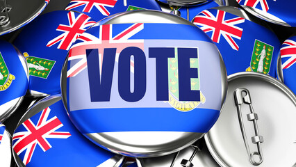 Fototapeta na wymiar Virgin Islands British and Vote - dozens of pinback buttons with a flag of Virgin Islands British and a word Vote. 3d render symbolizing upcoming Vote in this country.,3d illustration