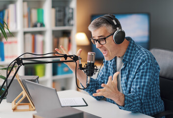 Shocked podcaster working from home