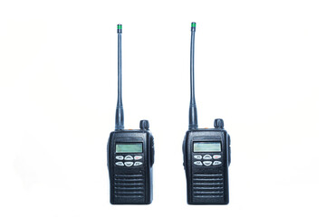 Two new handheld walkie-talkies isolated on white background.
