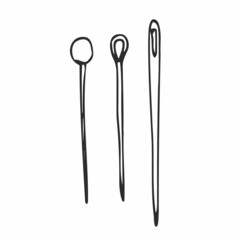 Set of hand drawn line sketches of needles for tailors, sewers isolated on white bg in doodle style