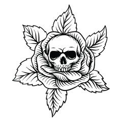 hand drawn t shirt design rose with skull black and white