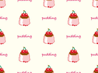Pudding cartoon character seamless pattern on yellow background. Pixel style