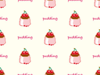 Pudding cartoon character seamless pattern on yellow background. Pixel style