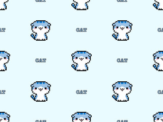 Cat cartoon character seamless pattern on blue background. Pixel style