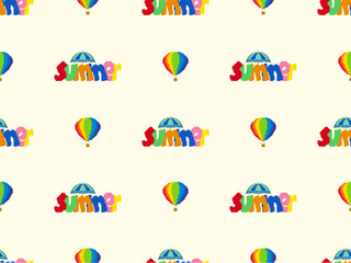 Fototapeta premium Summer cartoon character seamless pattern on yellow background. Pixel style