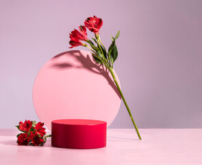 Red cylindrical podium, Cosmetic display stand with flowers on pink background