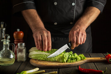 The chef prepares a delicious salad for breakfast from fresh cabbage. Vegetarian cuisine