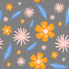 Fototapeta na wymiar Flowers and leaf seamless pattern. Scandinavian style background. Vector illustration for fabric design, gift paper, baby clothes, textiles, cards