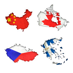 Set, Flags of China, Canada, Czech Republic, and Greece in the form of a map. Shadow. Isolated on...