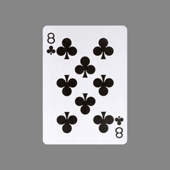 Eight of Clubs. Isolated on a gray background. Gamble. Playing cards.