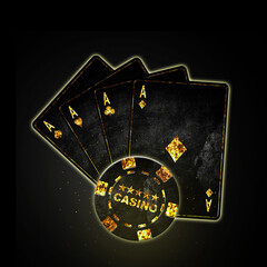 Four Ace, grunge cards, and poker chips, in black background.Copy Space.Casino, Poker background.Playing cards.