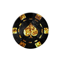 Vintage, grunge poker chip, isolated on white background.Spades suit. Design element. Gambling