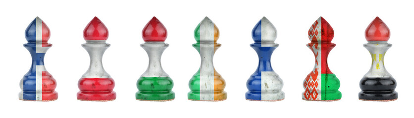 Pawns in the colors of the flag of different countries. Isolated on a white background. Sport. Politics. Business.