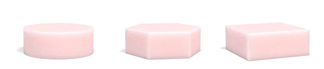 Set of pink podiums on a white background with clipping path. 3D image