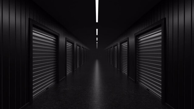 Dark empty warehouse corridor. Loop animation of very dark corridor.