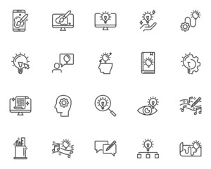 set of creative line icons, thinking, idea, design, education