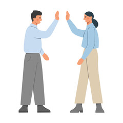 Two employees giving high-five. Teamwork. Business cooperation of young creative people. Concept of brainstorming, unity and support between colleagues. Flat vector illustration.