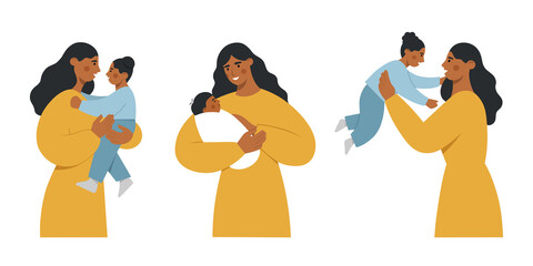 Collection of african american mothers and babies. A beautiful woman is holding her cute child in her arms. Happy Mother's Day. Flat vector illustration.