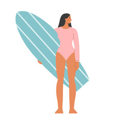 Summer holidays. A young girl wearing a swimsuit on the beach with a surfboard. Vacation season by the sea or the ocean. Rest and activity. Healthy lifestyle. Surfing. Flat vector illustration.