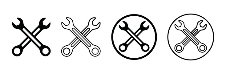 Wench icon set. Crossed wrench tool with ratchet vector icon set. Symbol and sign of hand tool, mechanic job, technical, setup, setting, construction, website builder. Vector stock illustration. - obrazy, fototapety, plakaty